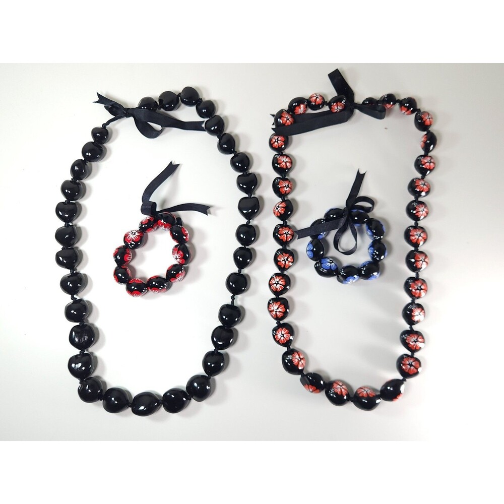 Hawaiian Kukui Nut Lei Necklace & Bracelet Set Black Painted Hibiscus Luau Lot